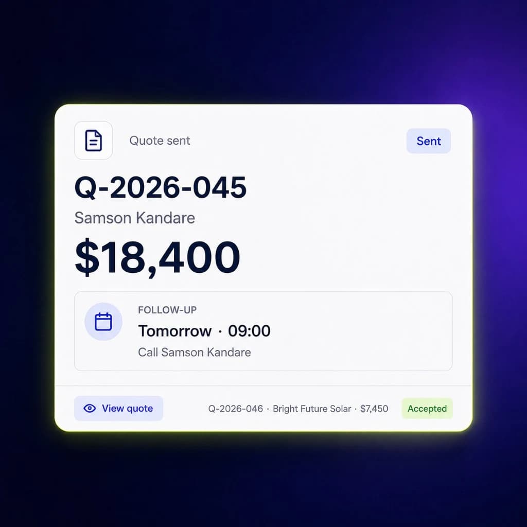 Quote Q-2026-045 for Samson Kandare at $18,400 with a follow-up tomorrow at 09:00.