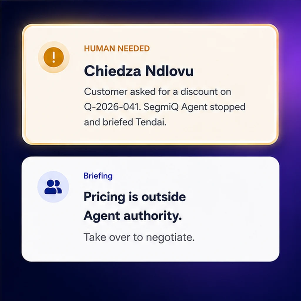 Human needed for Chiedza Ndlovu after a discount request. Briefing: pricing is outside Agent authority.